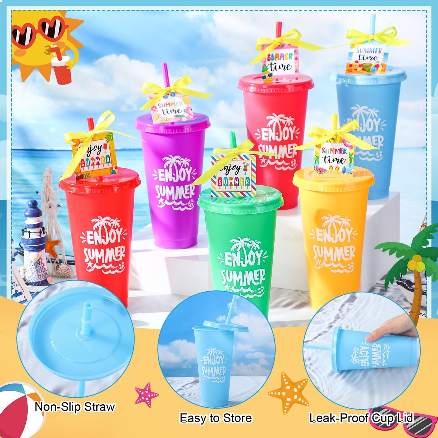 Honeydak 24 Sets End of the Year Gifts for Students Summer Tumbler Bulk 24 oz Plastic Tumbler Cup with Lids Straws and Greeting Card Appreciation Gift for Summer Beach Pool Party Favors Prizes