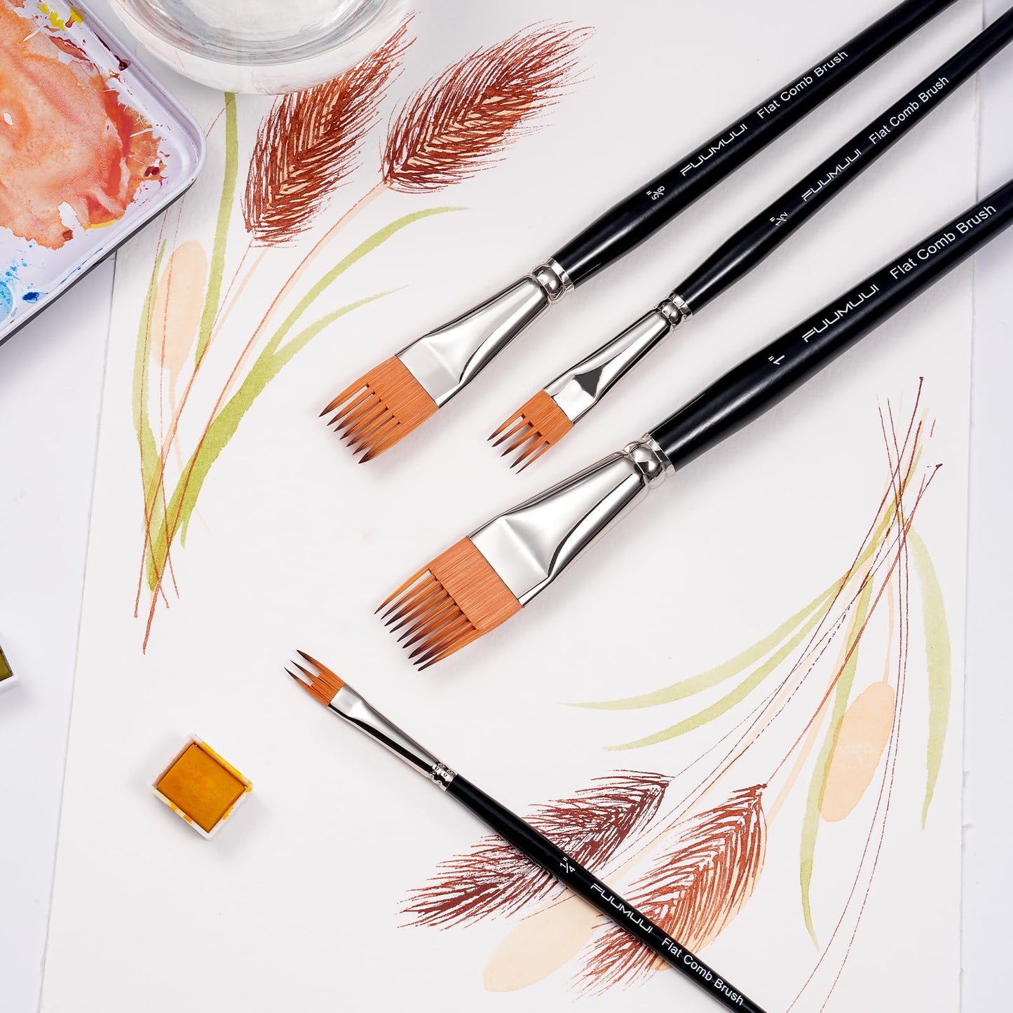 Fuumuui Grainer Brush Set–5pcs Professional Flat Comb Brushes for Unique Texture Painting Perfect for Artists Acrylic, Watercolor and Oil