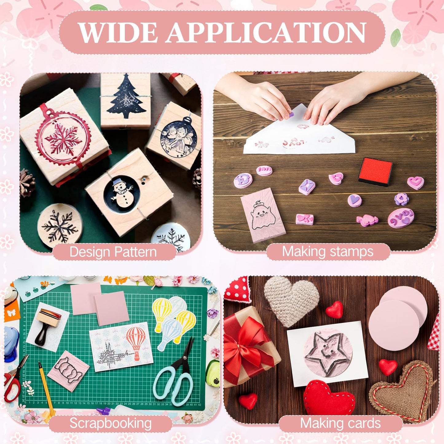 Innconee 36 Pcs Rubber Stamp Carving Blocks Pink Soft Linoleum Blocks Round Square Rectangle Carving Kit for Stamp Soft Rubber Crafts and DIY Craft Project