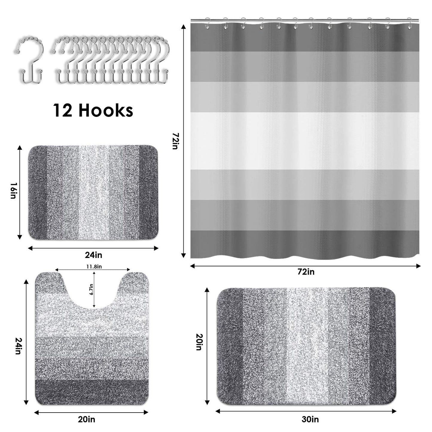 Britimes Grey Stripes Bathroom Sets with Shower Curtain and Rugs, Ombre Modern Minimalist Striped Waterproof Shower Curtain Liner and Soft Non Slip Bath Mat for Bathroom Decor and Accessories Hooks