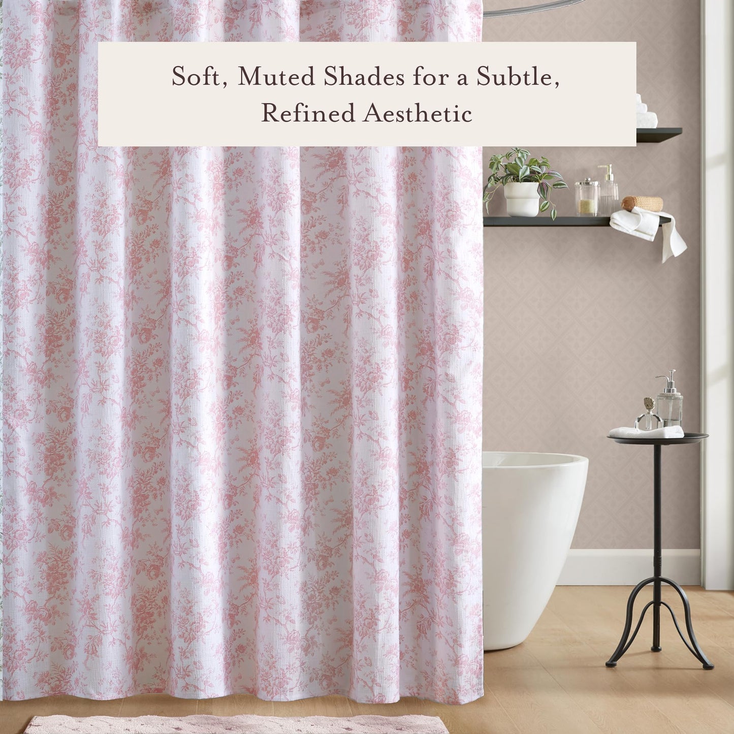 Laura Ashley Walled Garden Shower Curtain, Textured Cotton-Rich Slub Fabric, Tonal Floral Print, Elegant Transitional Bathroom Decor, Machine Washable 72"x72", Pink