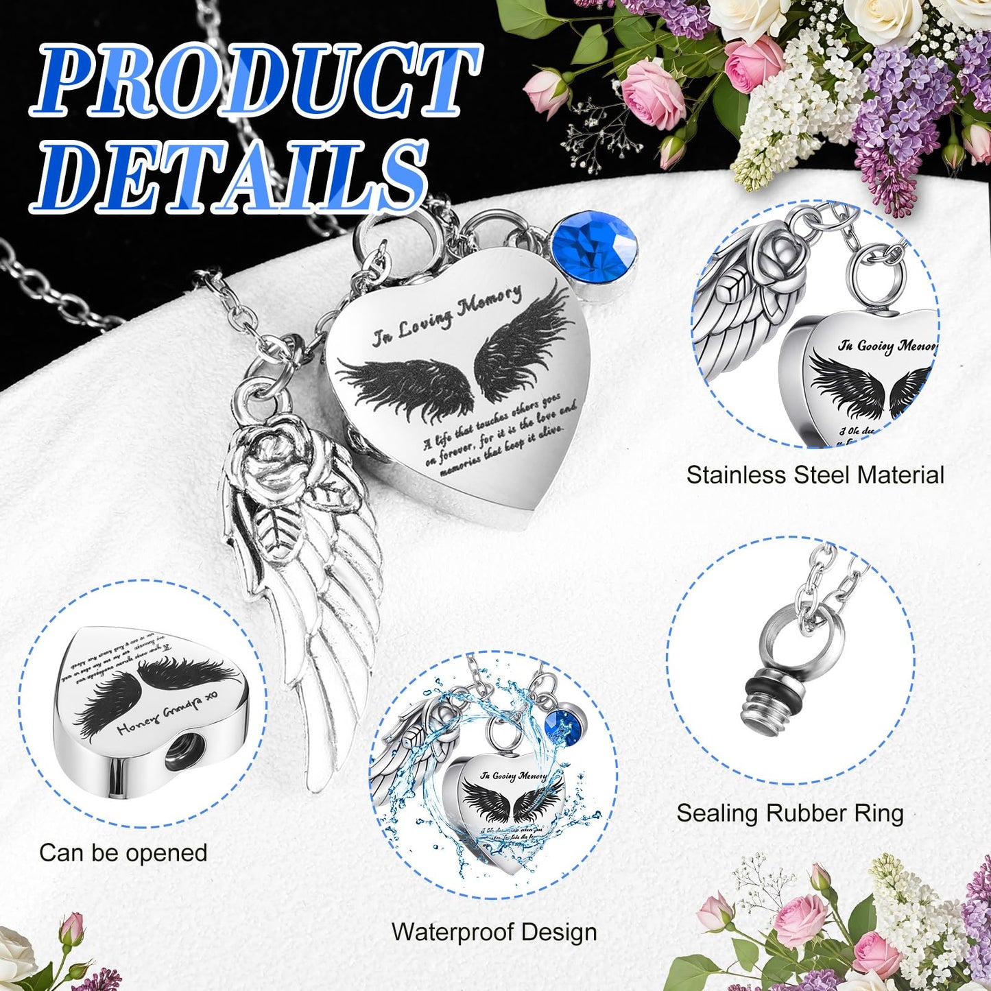 Ecation 12 Set Small Urn Cremation Jewelry Necklaces for Ashes Stainless Steel Keepsake Urns Memorial Locket Mini Ash Holders Waterproof for Human Adult Female Male Family Loved One(Blue)