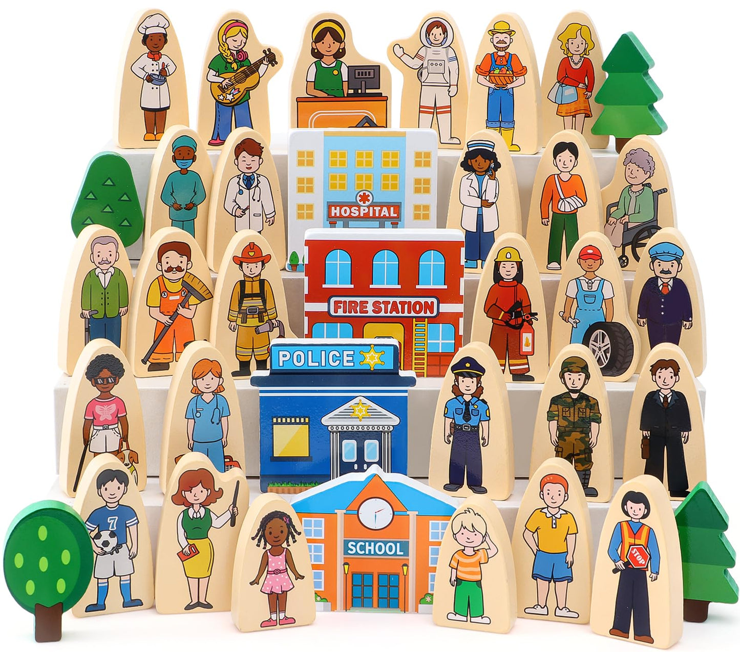 Atoylink 36Pcs Wooden Community Helpers Pretend Play Toys for Kids 3 4 5 6 Year Old, Wooden People Figures Blocks Occupations Dress up Toddlers Preschool Learning Toys Boys Girls Birthday Gifts