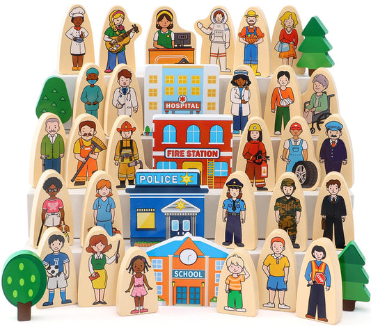 Atoylink 36Pcs Wooden Community Helpers Pretend Play Toys for Kids 3 4 5 6 Year Old, Wooden People Figures Blocks Occupations Dress up Toddlers Preschool Learning Toys Boys Girls Birthday Gifts