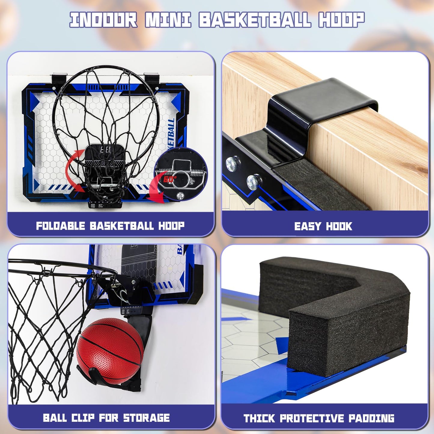 Remote Control Basketball Hoop Indoor for Kids-Over The Door Basketball Hoop with LED Light, Scoreboard, 4 Balls, Air Pump, Bag, Mini Hoop Gift Sport Toy for Boys Girls 3 4 5 6 7 8 9 10 11 12+, Blue