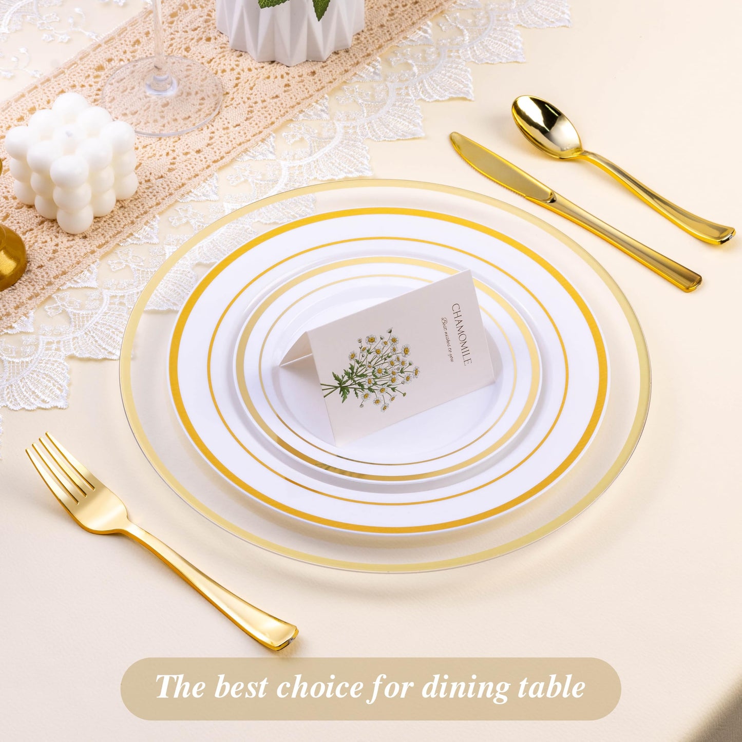 BESTSTAR 12 Inch Disposable Decor Charger Plates, 50 Pack Plastic Clear Plates with Gold Rim, Perfect Table Decor for Party, Wedding, Dinner