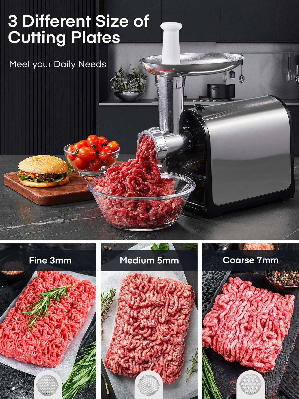 Electric Meat Grinder, 3200W Max Meat Grinders for Home Use, HOUSNAT 3 in 1 Heavy Duty Meat Mincer with 2 Blades and 3 Plates, Sausage Stuffer Tube & Kubbe Kit, Stainless Steel