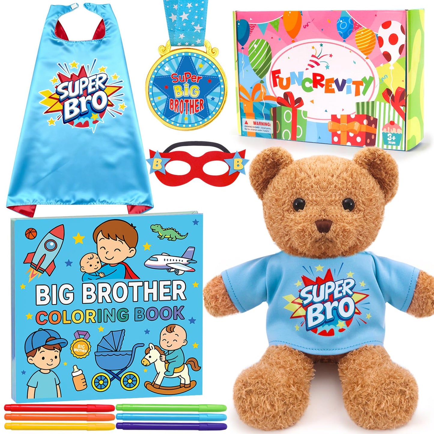 HAPGFS Big Brother Gift Set for Boys, Promoted to Bigbro, Plush Bear with Big Brother Outfit, Coloring Book, Medal, and Mask for Boys Age 3-8 from New Baby