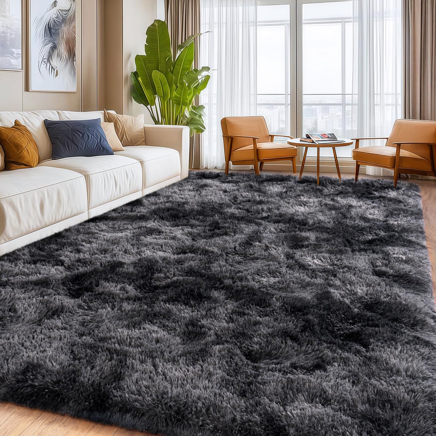 Isdook Shaggy Area Rugs, Fuzzy Rugs for Living Room, Soft Nursery Area Rug for Girls, Tie Dye Black Gray Plush Area Rugs Non Slip, Fluffy Rug Carpet 8x10ft