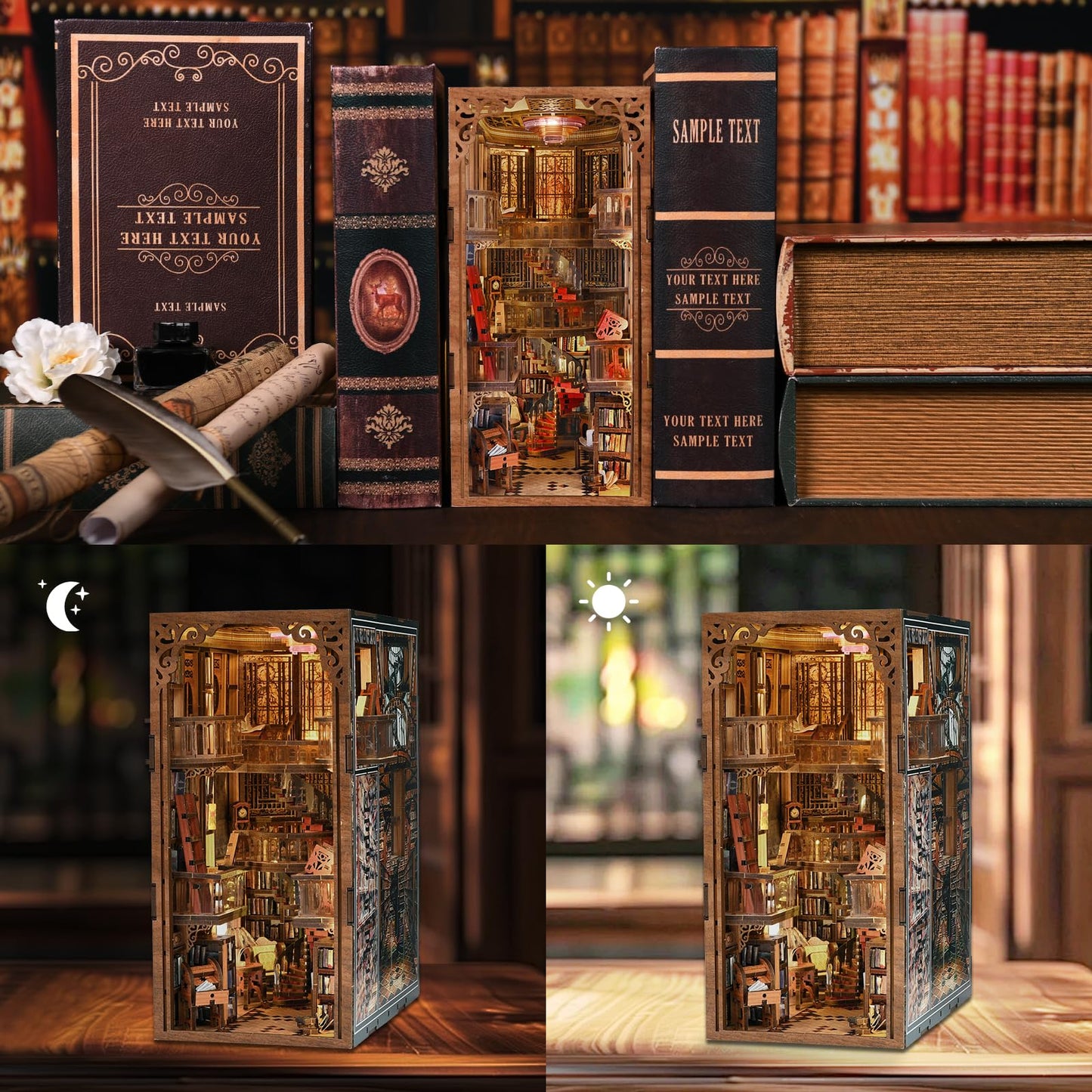 CCCDF Book Nook Library Kit, DIY Miniature Dollhouse Booknook Kit, 3D Wooden Puzzle Bookend Bookshelf with LED Light for Adults Teens (Abbey Library)