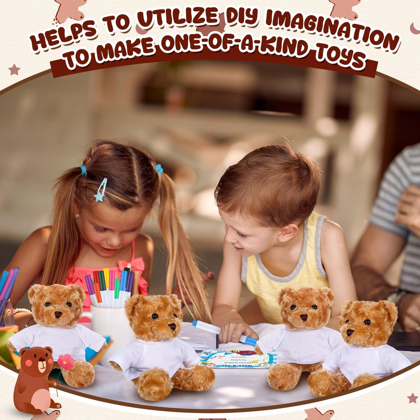 Blueweenly 40 Pcs Make Your Own Stuffed Bear Gift Kit 10 Pcs 9.84 Inches Rose Velvet Bear 10 White T Shirt 10 Set 12 Color Watercolor Pen 10 Paper Card DIY