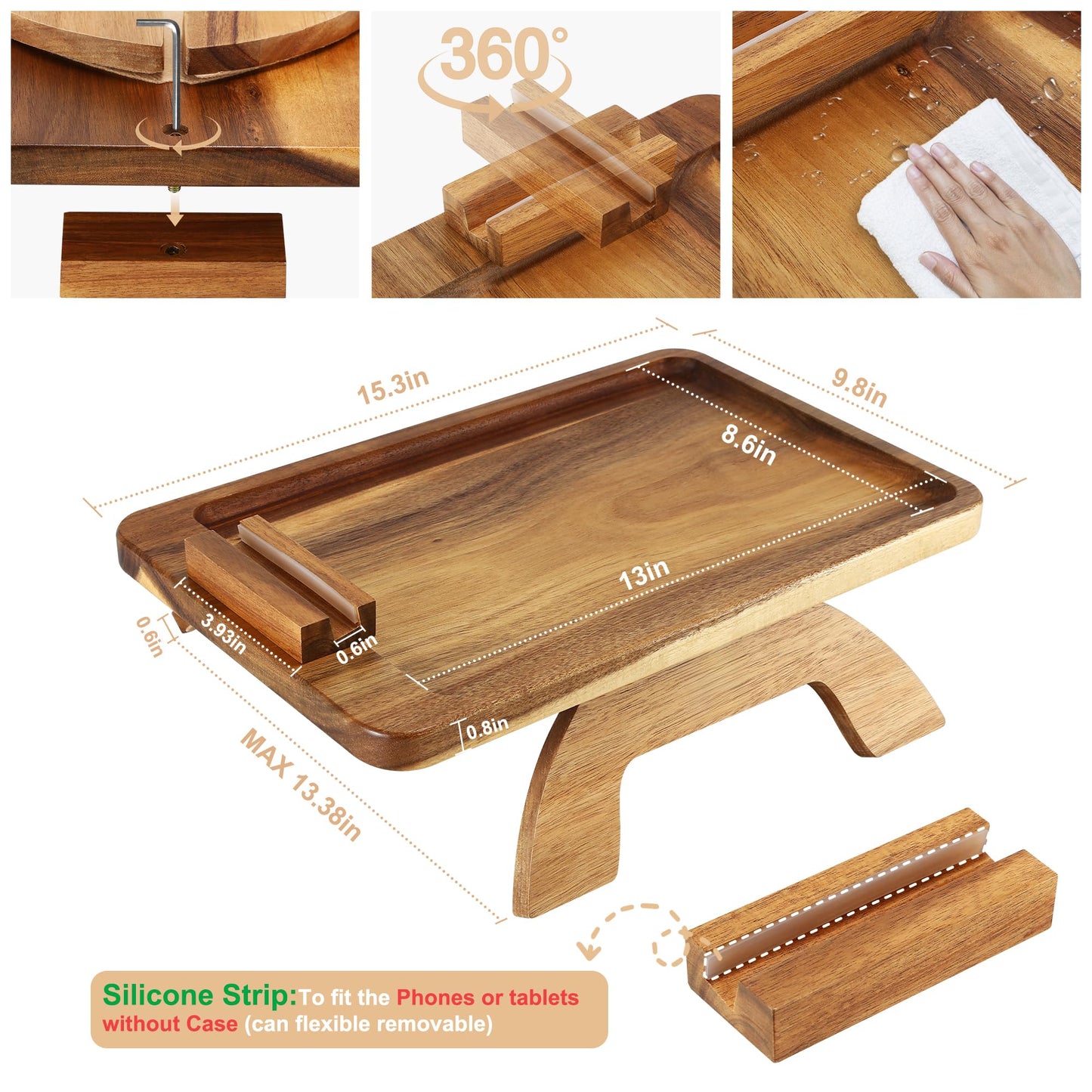 SINWANT Couch Arm Table, Acacia Wood Sofa Arm Rest Tables Couch Armrest Table with 360° Phone Holder,Portable Sofa Armrest Tray for Drink Snacks