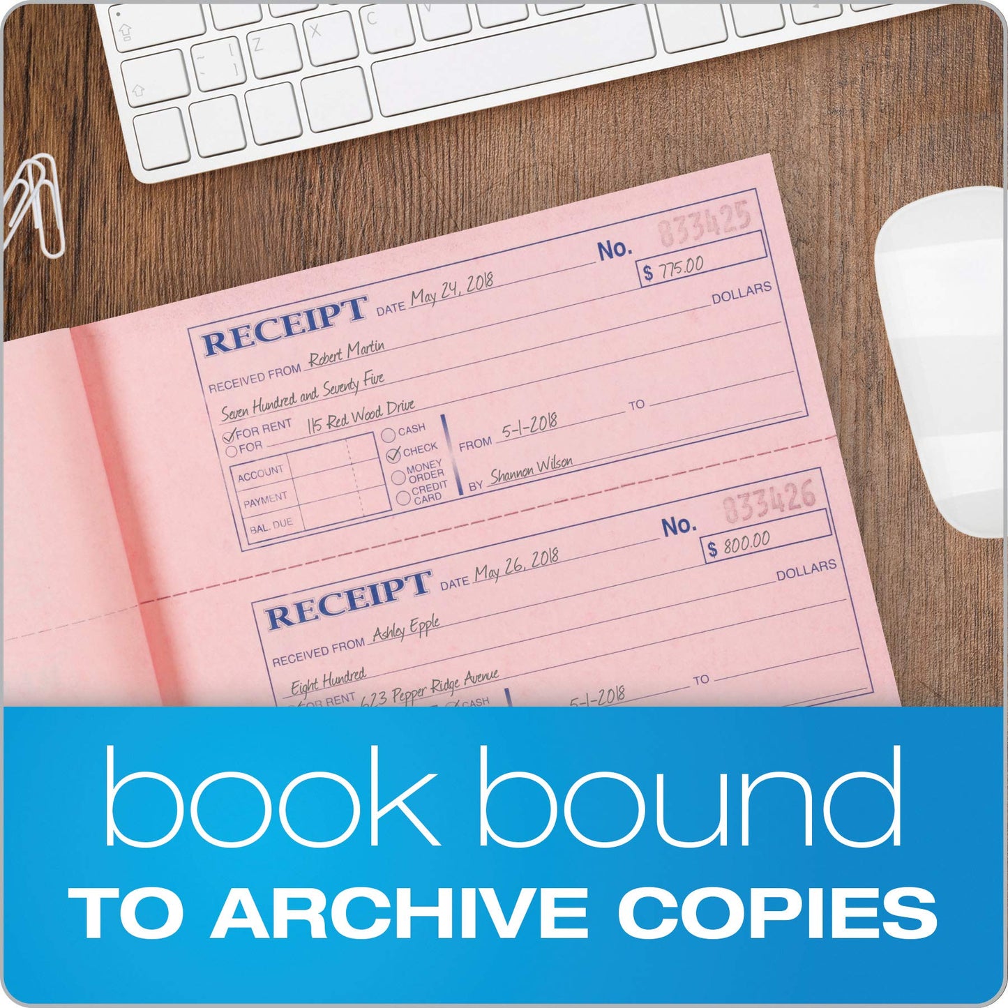 Adams Money and Rent Receipt Books, 3-Part Carbonless, 7-5/8" x 10-7/8", Bound Wraparound Cover, 100 Sets per Book, 4 Receipts per Page, 5 Books per Pack (TC1182-5)