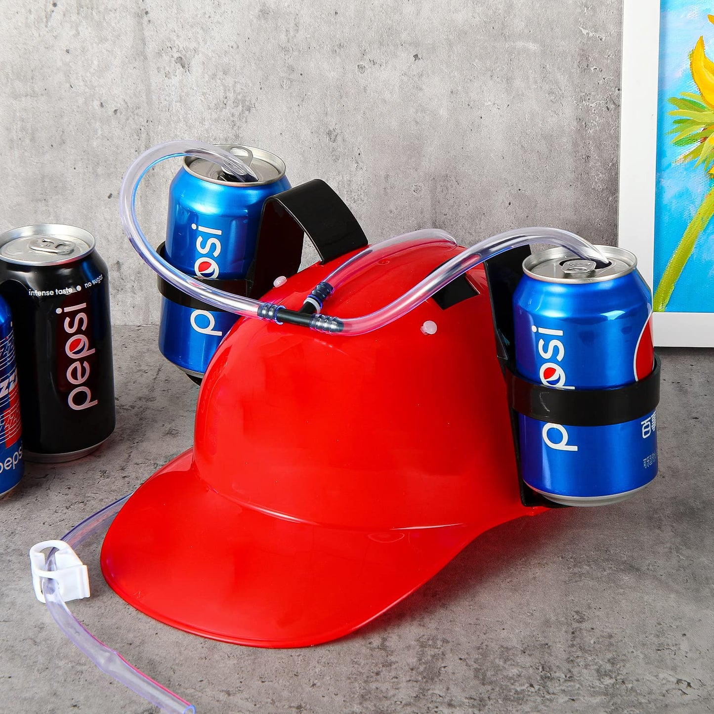 Sureio 6 Pieces Juice Helmet Can Holder Soda Hat Beverage Helmet with Straw Funny Hat for Men Women Adults Party Supply(Red Blue)
