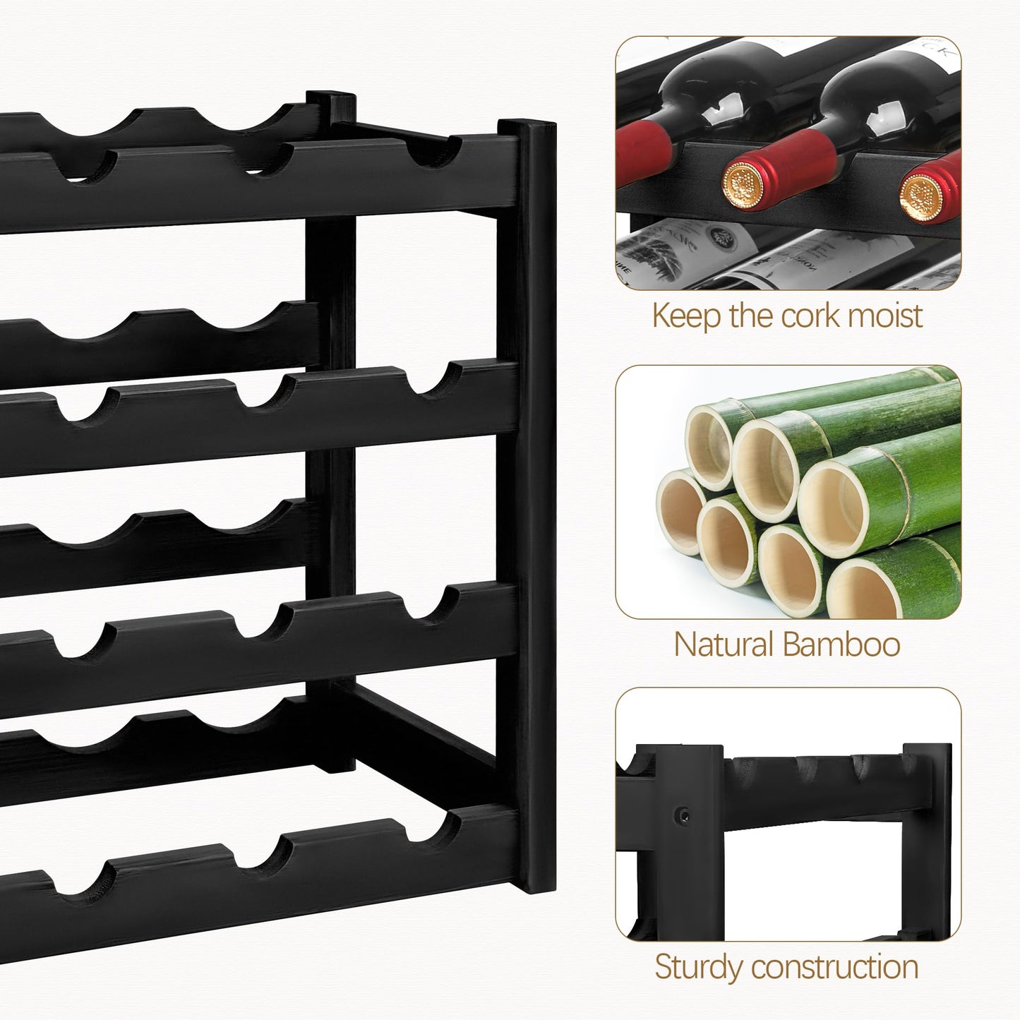 VASMIA Wine Rack, 4-Tier Bamboo Wine Racks Countertop,Sturdy and Durable Wine Storage Cabinet Shelf,16 Bottles Wine Holder for Kitchen Pantry, Black