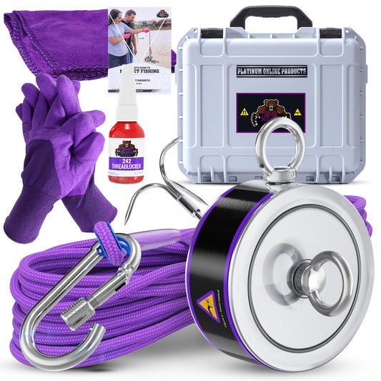 2600LB’s Complete Magnet Fishing Kit | Double Sided Fishing Magnet Kit with Case | Includes Strong Neodymium N52 Magnets, Durable 65ft Rope, Carabiner, Gloves, Grappling Hook & Carry Case
