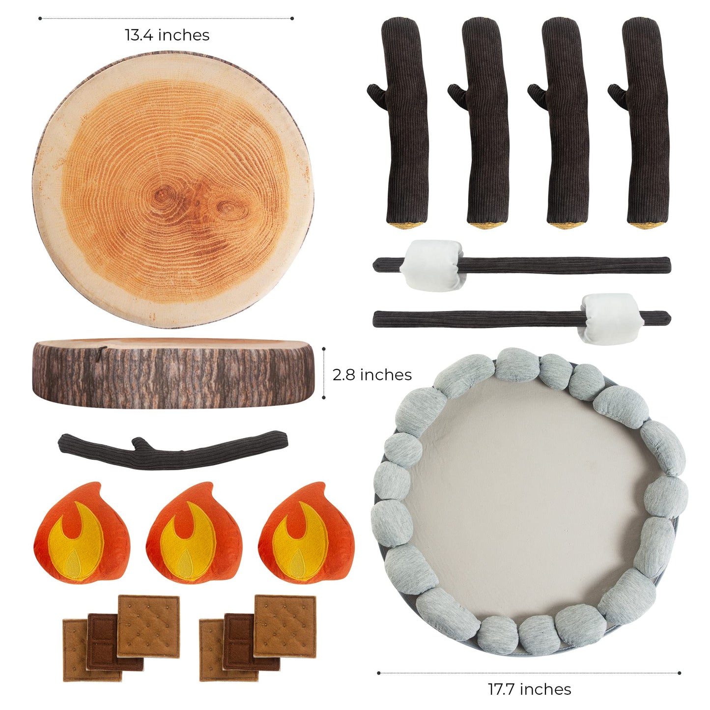 Pretend Campfire Set for Kids with S'Mores Kit & Wood Log Pillow. Soft, Safe & Durable Toy Campfire for Pretend Play & Sensory Play. Plush Felt Kids Campfire Playset for Age 3+