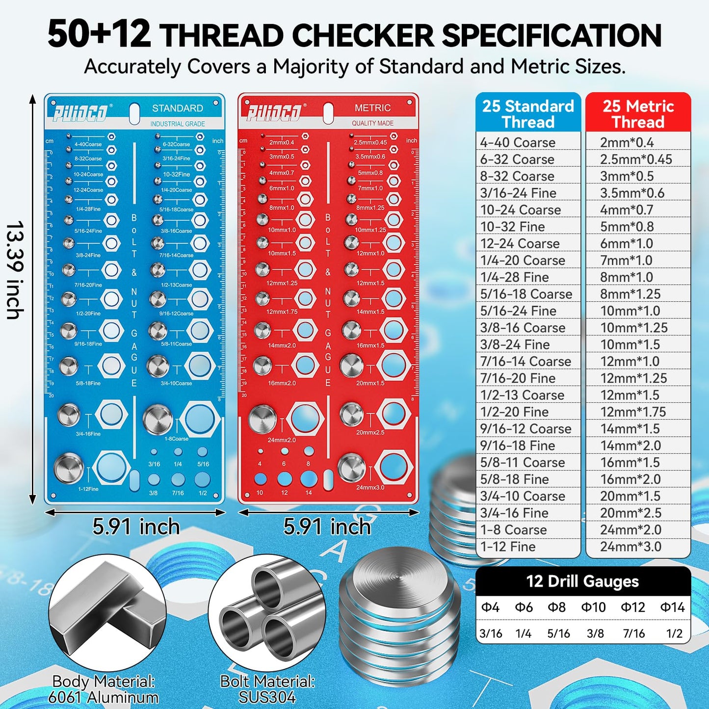 62 Nut and Bolt Thread Checker Standard and Metric, Bolt Size and Thread Gauge with 25 SAE & 25 Metric & 12 Drill Bit Gauge,Bolt and Nut Identifier Gauge for Nut Bolt Size Finder in Narrow Tricky Area