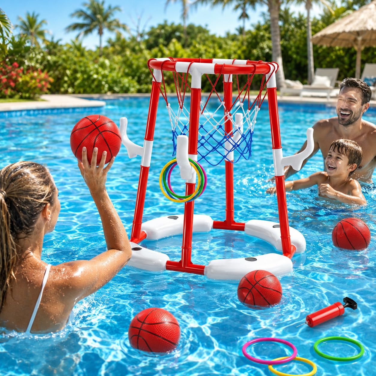 Pool Basketball Hoop Toys for Kids Ages 4-8 8-12 Adult, Summer Outdoor Swimming Pool Games Water Play Toys Family Party for Teens, 2in1 Pool Basketball Hoop & Rings Game with 4 Balls 12 Rings and Pump