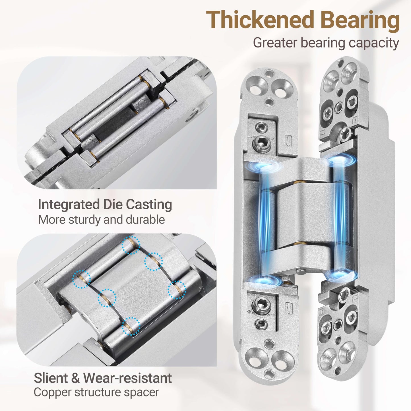 Upgraded Invisible Door Hinges (4 pcs) -6 Inch Sliver Hidden Hinges for Doors, 3 Way Adjustable & 180 Deg Swing & Copper Support Invisible Hinge, Heavy-Duty Concealed Door Hinges 88Lbs Load-Bearing
