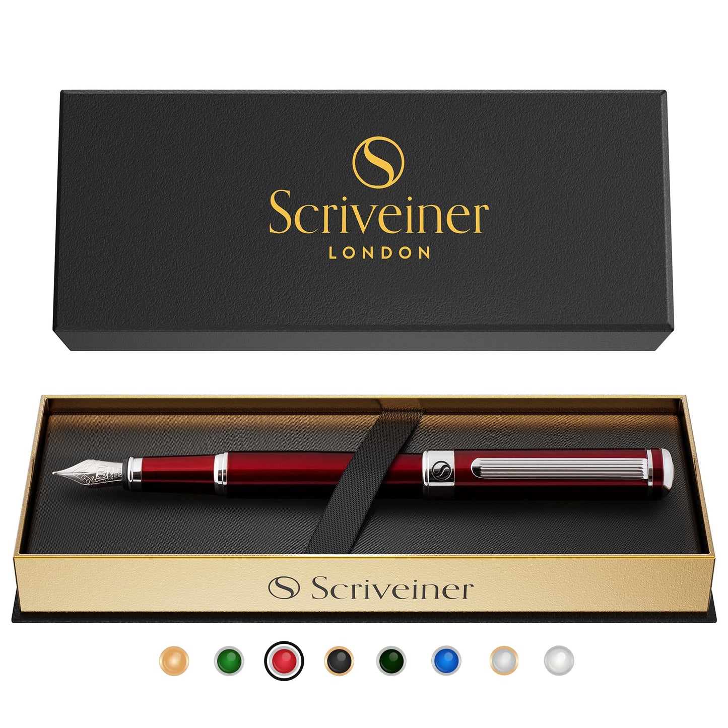 Scriveiner Deep Crimson Red Fountain Pen - Stunning Luxury Pen with Chrome Finish, Schmidt Nib (Fine), Best Pen Gift Set for Men & Women, Professional, Executive, Office, Nice Pens