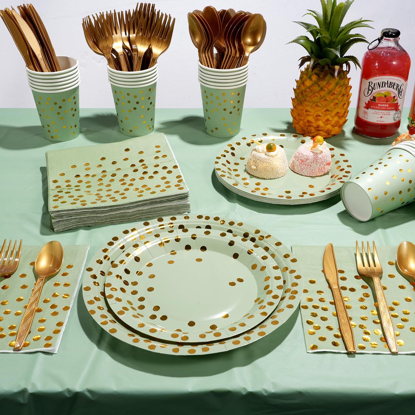 YIDAKO 350pcs Sage Green Paper Plates and Napkins Set, Disposable Sage Green and Gold Polka Dot Party Plates Cups For Baby Shower Birthday Wedding Party Supplies and Decorations, Serve 50