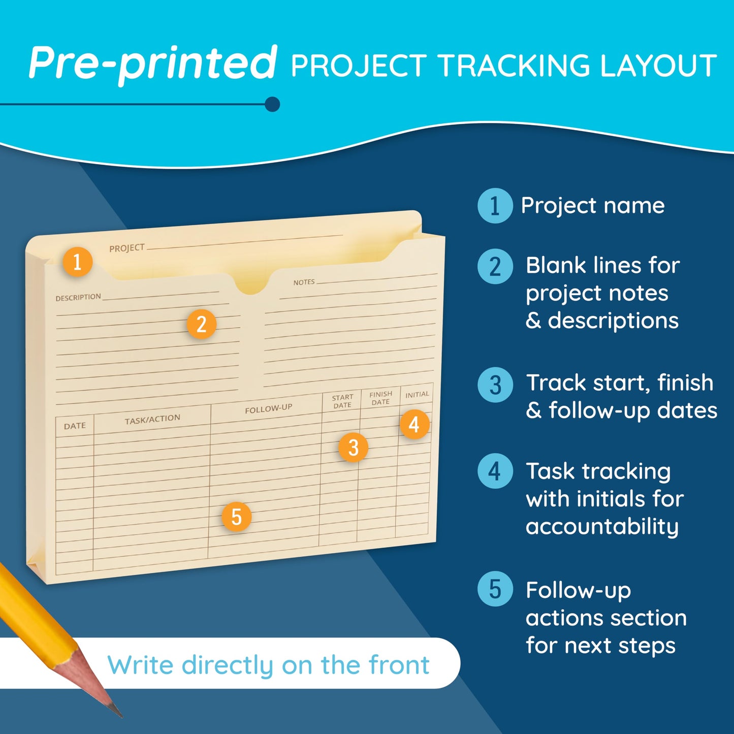 Blue Summit Supplies 50 Project File Folders, Reinforced Straight Cut Tab, 2 Inch Expansion Pocket, Preprinted Project Management Folder Design, Letter Size, Manila, 50 Pack