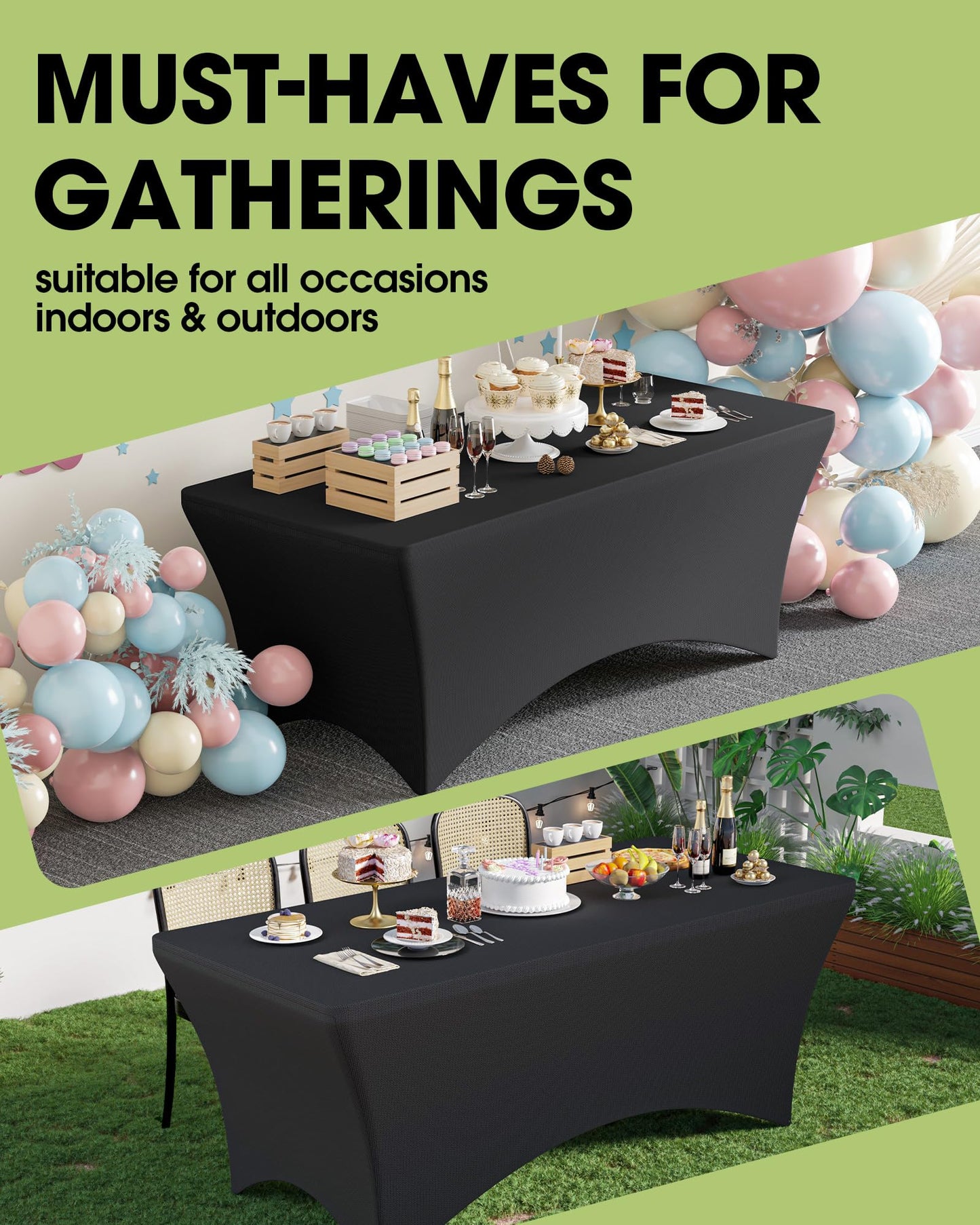 Pureegg Spandex Tablecloth 6ft - 6 Pack, Fitted and Stretch Table Cover for Rectangle Tables, Wrinkle-Resistant and Secure Fabric for Outdoor, Picnic, Party, Wedding, Banquet and Birthday, Black
