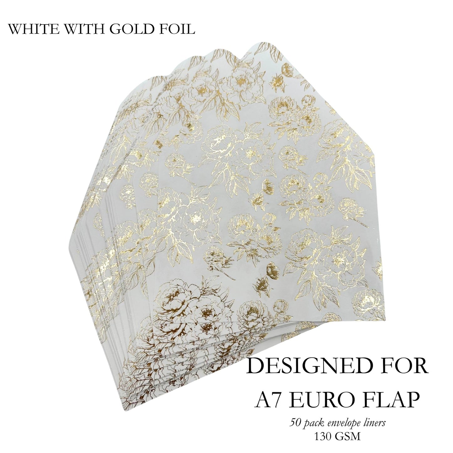 A7 Euro Flap Envelope Liners for 5x7 Insert, 50 Pack, Wedding Invitaion (Gold Foil Floral)
