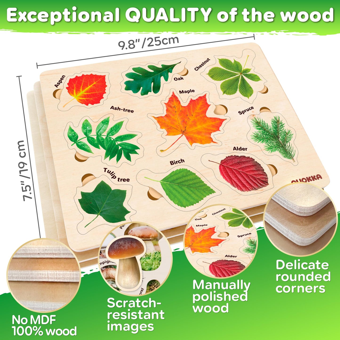 QUOKKA Wooden Puzzles for Toddlers 1-3 – 3X Set Montessori Toys Puzzles for Kids Ages 2-4 – Wood Educational Baby Game 12-18 Months – Gift Learning Mushrooms Flowers Leaves - Boy & Girl 3-5