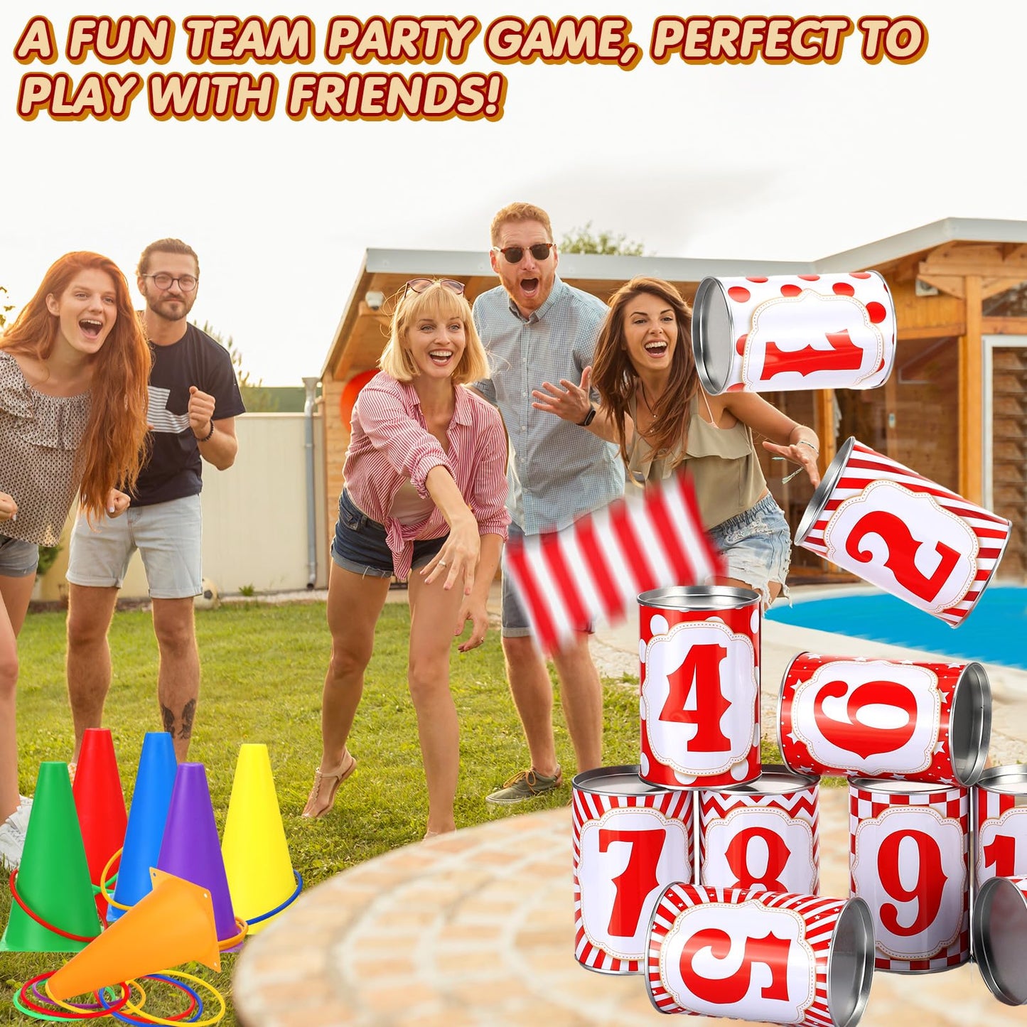PullCrease 34 Pcs Carnival Games Set 5 in 1 Carnival Can Game Soft Plastic Cones Ring Toss Game Bean Bag toss Lawn Party Games Outdoor Games for Kids Birthday Party Backyard Events Summer