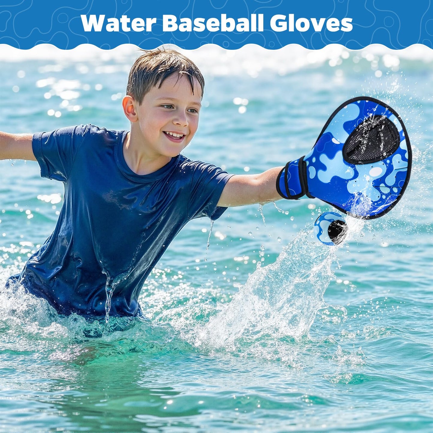 Ayeboovi Water Ball and Gloves Set for Pool Toys & Beach Games, Baseball Style Glove for Catching Bouncing Balls, Water Skipping Ball for Summer Family Game Adult Teen & Kids Ages 8+, Blue