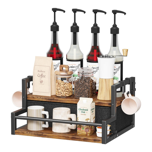 Coffee Syrup Organizer Rack, 2-Tier Coffee Bar Accessories, Bottle Holder Stand with K Cup Storage Drawer for Coffee bar, Wine Rack, Storage Shelves for Syrup. (Rustic Brown)
