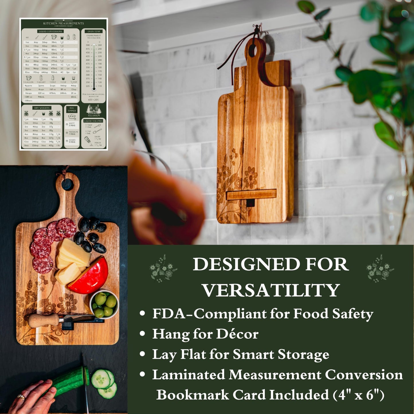 Wood Cookbook Stand for Kitchen Counter - Reversible Wooden Recipe Book Holder Stand with Cooking Measurement Conversion Card - Gift-Ready Adjustable Tablet Cook Book Holder with Charging Cable Slot