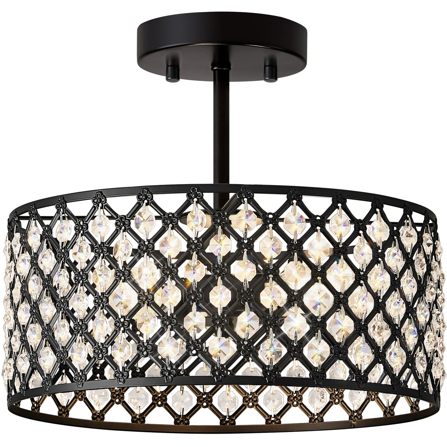 BZVESR Black Crystal Ceiling Light Fixture,Modern Semi Flush Mount Ceiling Lighting Fixture,Round Small Chandelier for Dining Room, Hallway, Entryway, Kitchen, Bedroom,Foyer,3 Light,12 inch