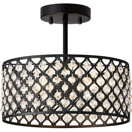 BZVESR Black Crystal Ceiling Light Fixture,Modern Semi Flush Mount Ceiling Lighting Fixture,Round Small Chandelier for Dining Room, Hallway, Entryway, Kitchen, Bedroom,Foyer,3 Light,12 inch