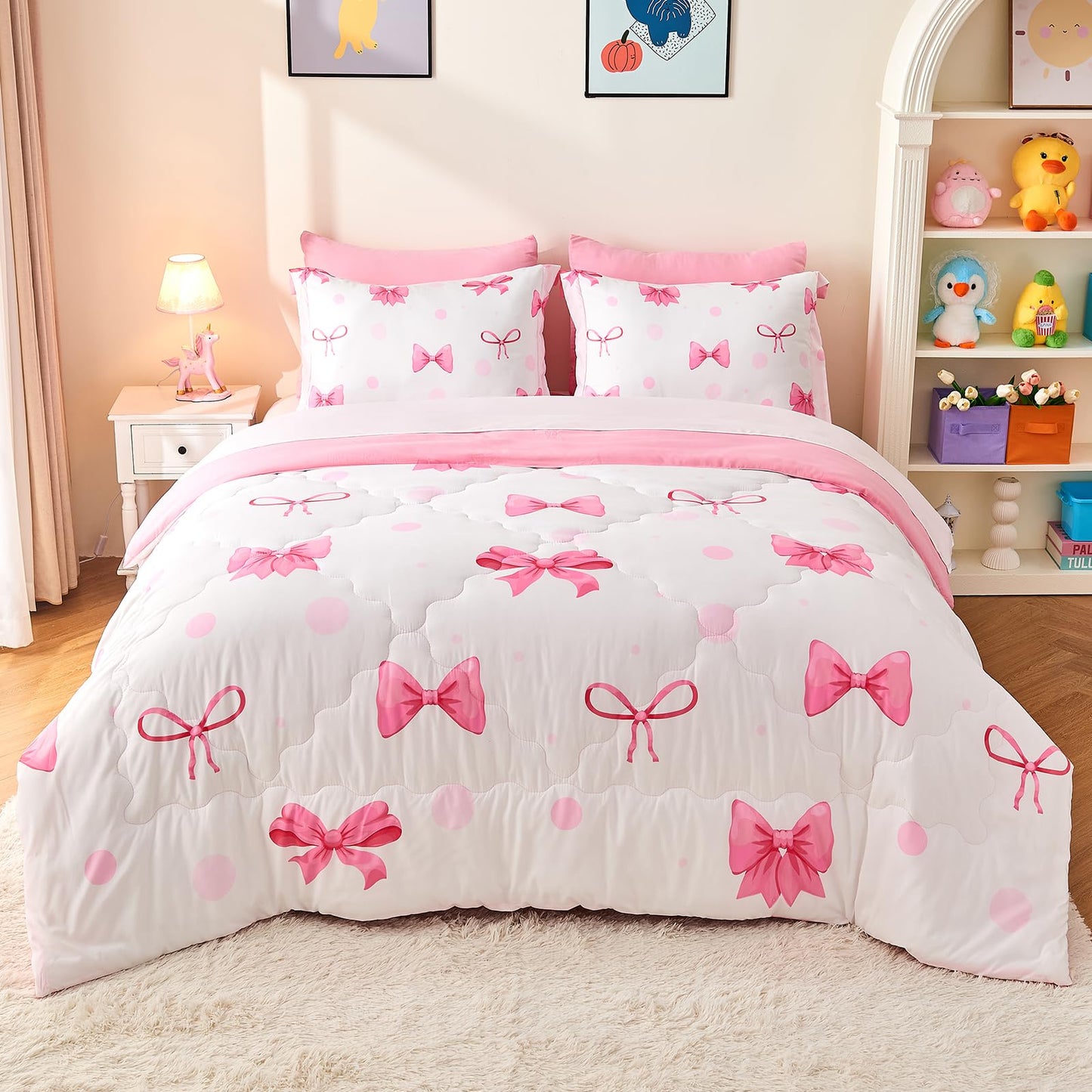 Wajade 7 Piece Pink Bow Bedding Set for Girls Kids Twin Size Comforter Set with Sheet and 2 Pillowcases 2 Pillow Shams Cute Girls Bed in a Bag as Birthday Choice