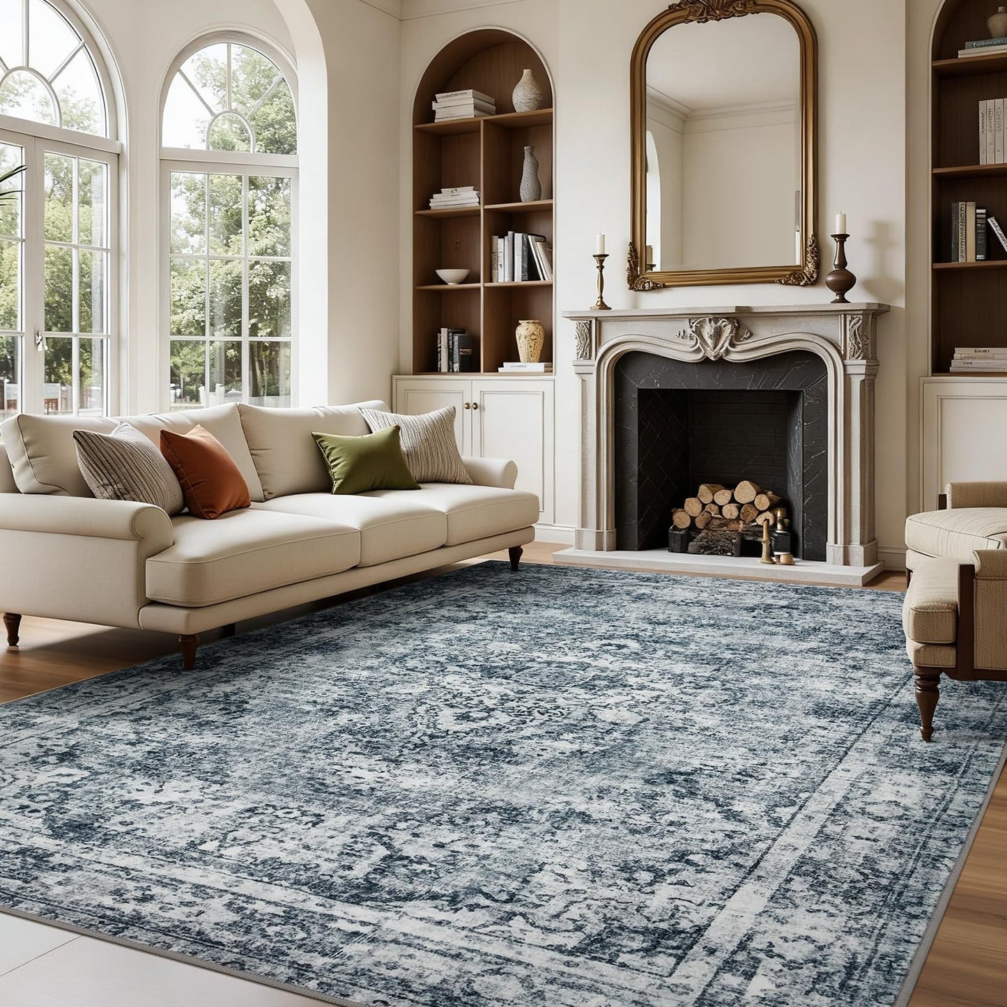 Joydeco 5x7 Area Rugs for Living Room, Machine Washable Vintage Area Rugs, Low Pile Non Slip Carpet, Lightweight Chenille Print Rug for Bedroom, Dining Room, Home Office, Light Grey