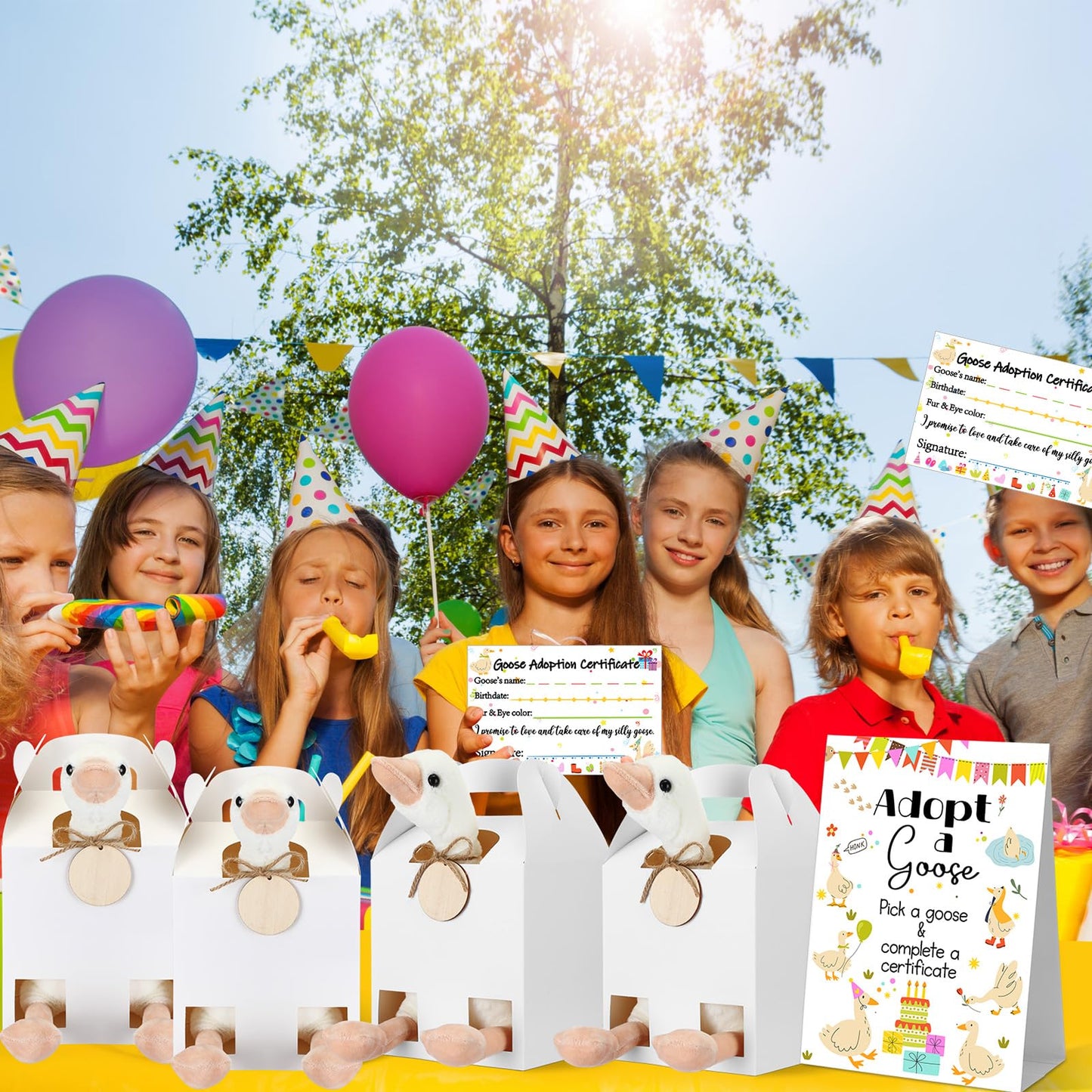 HyDren 33 Pcs Adopt Pet Party Favors Include Adoption Sign 8 Animal Adoption Certificate 8 Plush Pet Stuffed 8 Birthday Hats 8 White Paper Boxes for Adopt a Animal Birthday Party Favor (8 Goose)