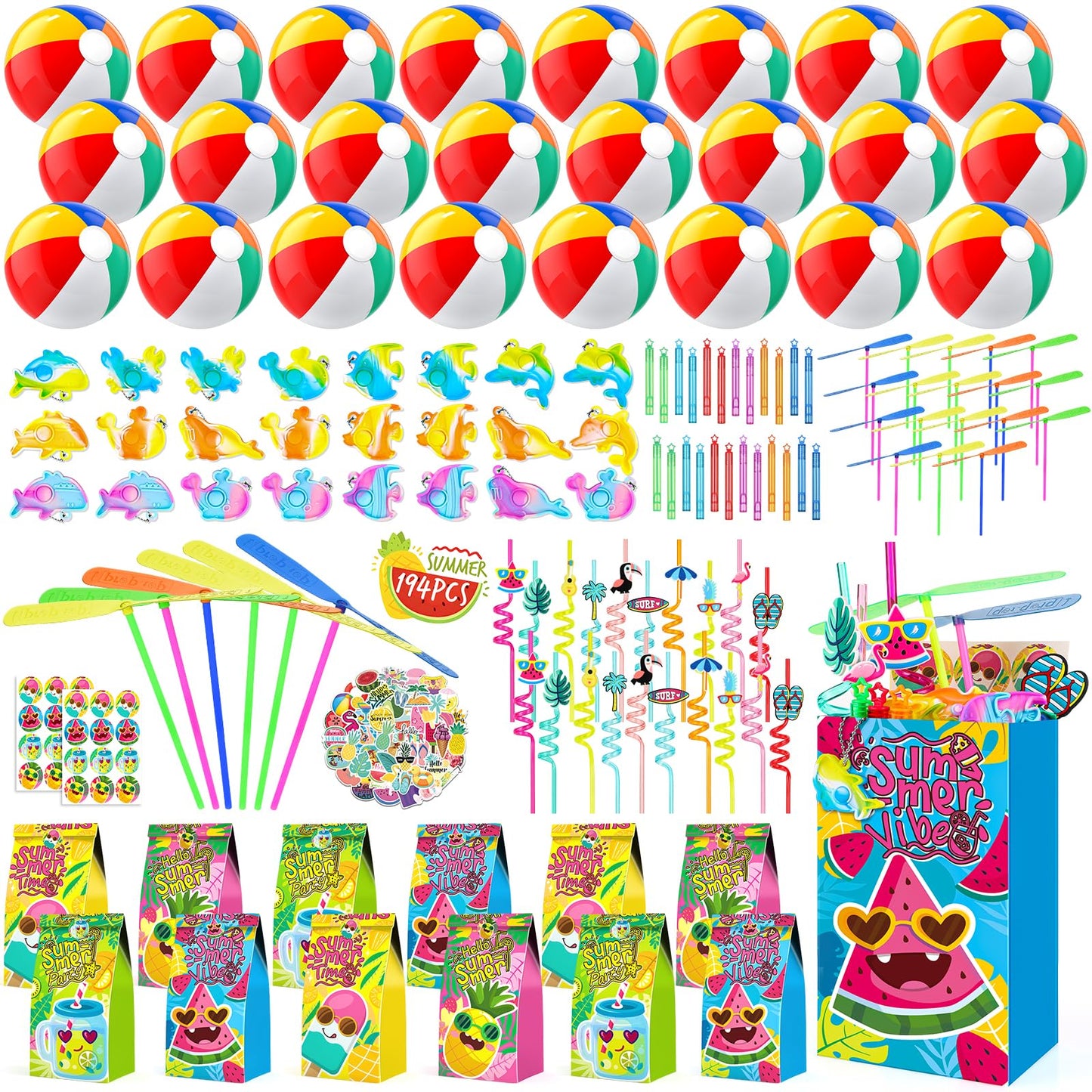 194 PCS Pool Party Favors Beach Party Favors, Summer Party Favors for Kids 3-8 8-12, Beach Balls, Hand Flying Helicopter, Pool Party Supplies for Birthday Party Favors, End of Year Student Gifts