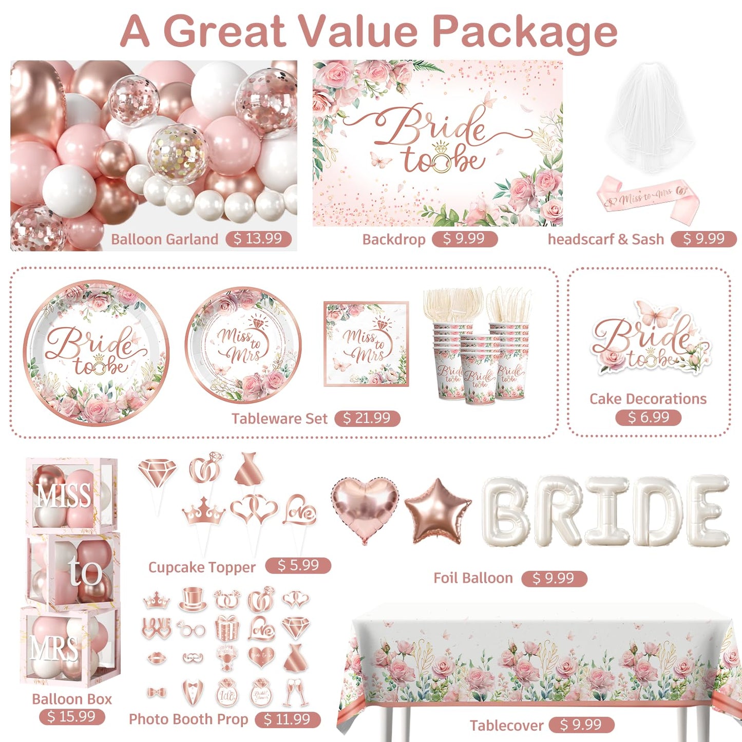 Cocomigo 330pcs Bride to Be Decorations, One-stop Set for 25 People, Includes 350gsm Plates Photo Props Cupcake Toppers Veil and Sash, Pink Bridal Shower Decorations for Female