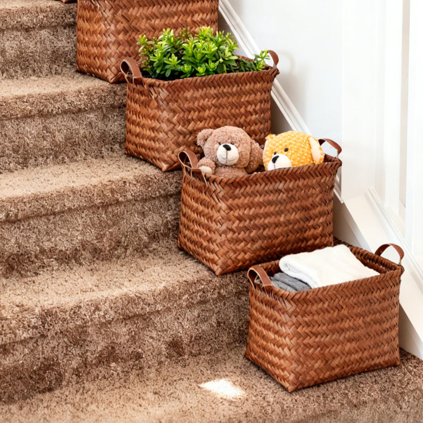 Stylave 15L Laundry Baskets Waterproof Storage Baskets For Shelves Large Laundry Hamper With Leather Handle -set of 4 Cube Organizers Woven Bins for Bathroom,Bedroom,Pantry,Clothes,Car & Towels-Brown