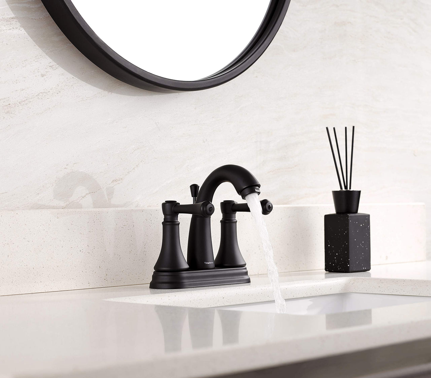 Matte Black 4 Inch Bathroom Sink Faucet 3 Hole, 2 Handle Centerset Bathroom Faucet with Metal Casting Spout, Modern RV Farmhouse Vanity Faucets, Include Drain with Overflow and Lift Rod, TAF410Y-MB