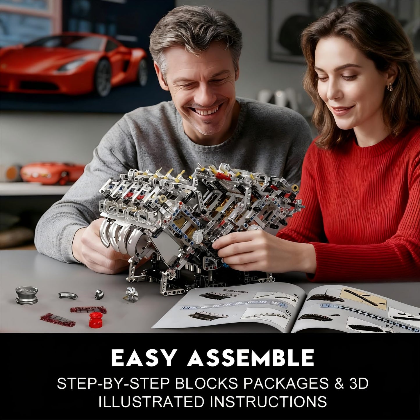 Mould King 10219 V8 Engine Model Kit - Build Your Own Supercar Model Engine, STEM Engineering Building Blocks Sets with Motor, 8-Cylinder Engine Building Kits for Teens Adults(2718 Pieces)