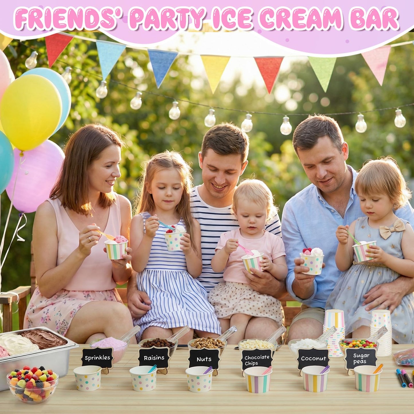Ferrochef 85 Pcs Ice Cream Party Supplies Kit – Ice Cream Bar Decorations Set with Cups, Scoops, Salad Bowls Withtongs, Tasting Spoons, Chalkboard & Markers — Ideal for Birthday, Summer Party