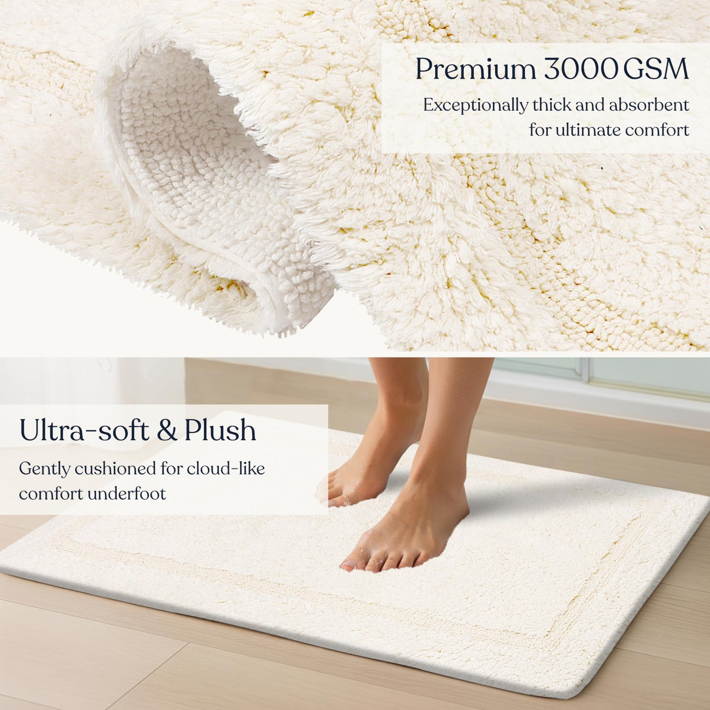 Delara Organic Cotton Reversible Bath Mat – 3000 GSM, GOTS Certified, Ultra-Thick & Super Absorbent | Soft, Plush & Quick-Drying Bathroom Rug (Ivory, 20x30)