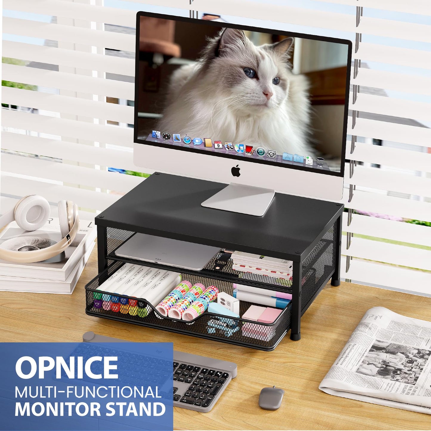 OPNICE Computer Monitor Stand Riser, Desk Organizer with Drawer, Printer & Laptop Stand, Office Desk Accessories & Workspace Desktop Organizers Storage for Office Supplies(Black 2-Pack)