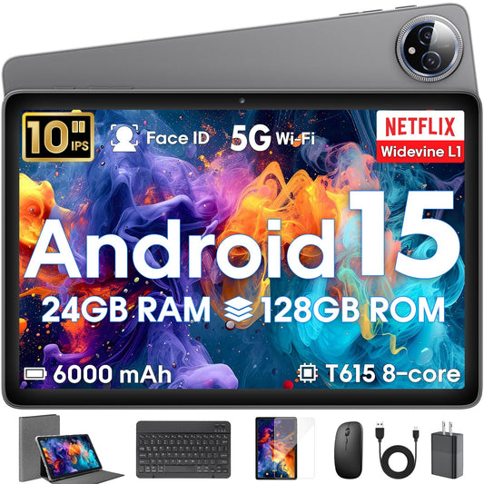 Android 15 Tablet 10 inch,24GB RAM 128 ROM,Tablets with Keyboard Case Mouse Stylus,1TB Expandable,Octa-Core 6000mAh 1280x800 IPS HD,5G WiFi,T615 CPU,High Performance,Processor,Dual Camera(Gray)