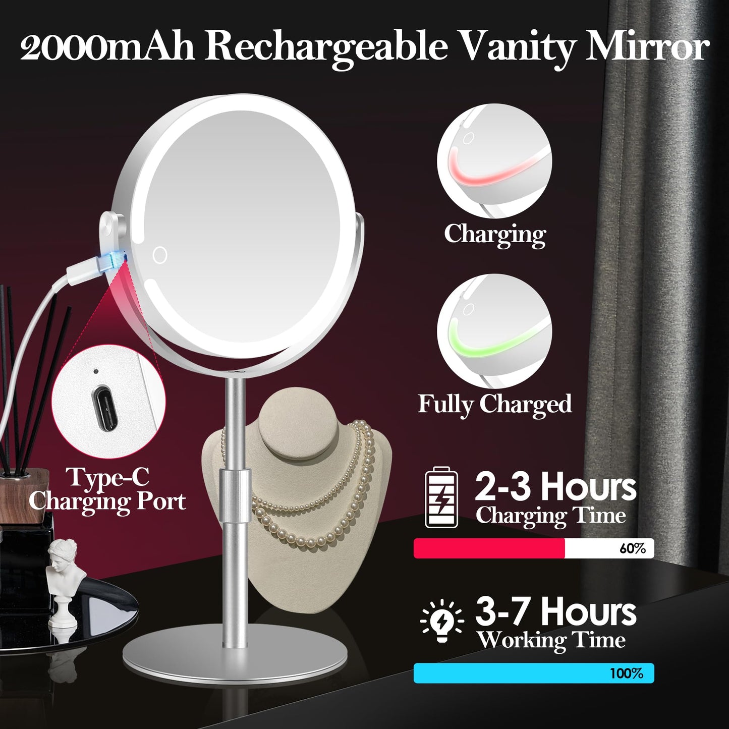 PEDOMIROR Magnifying Mirror with Light, Lighted Make Up Mirror 20x, Rechargeable 2000mAh Led Makeup Mirror, Height & Brightness Adjustable Desk Makeup Mirror, 360°Rotation & Touch Screen (Silvery)