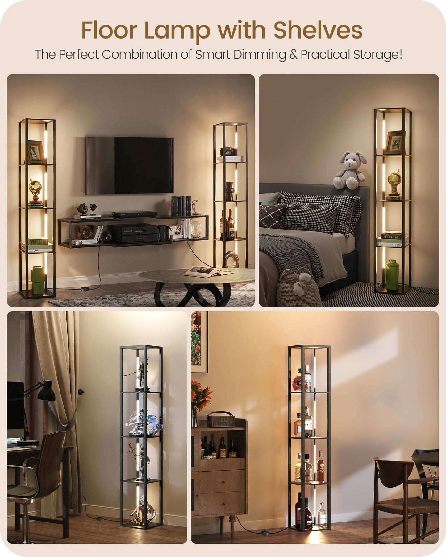 64.2" Display Shelf with Light, Modern Corner Floor Lamp with Shelves, 3000K-6000K LED Dimmable Standing Lamp with Remote for Living Room, Bedroom, Office, Adjustable CCT, Black Square B51LD05